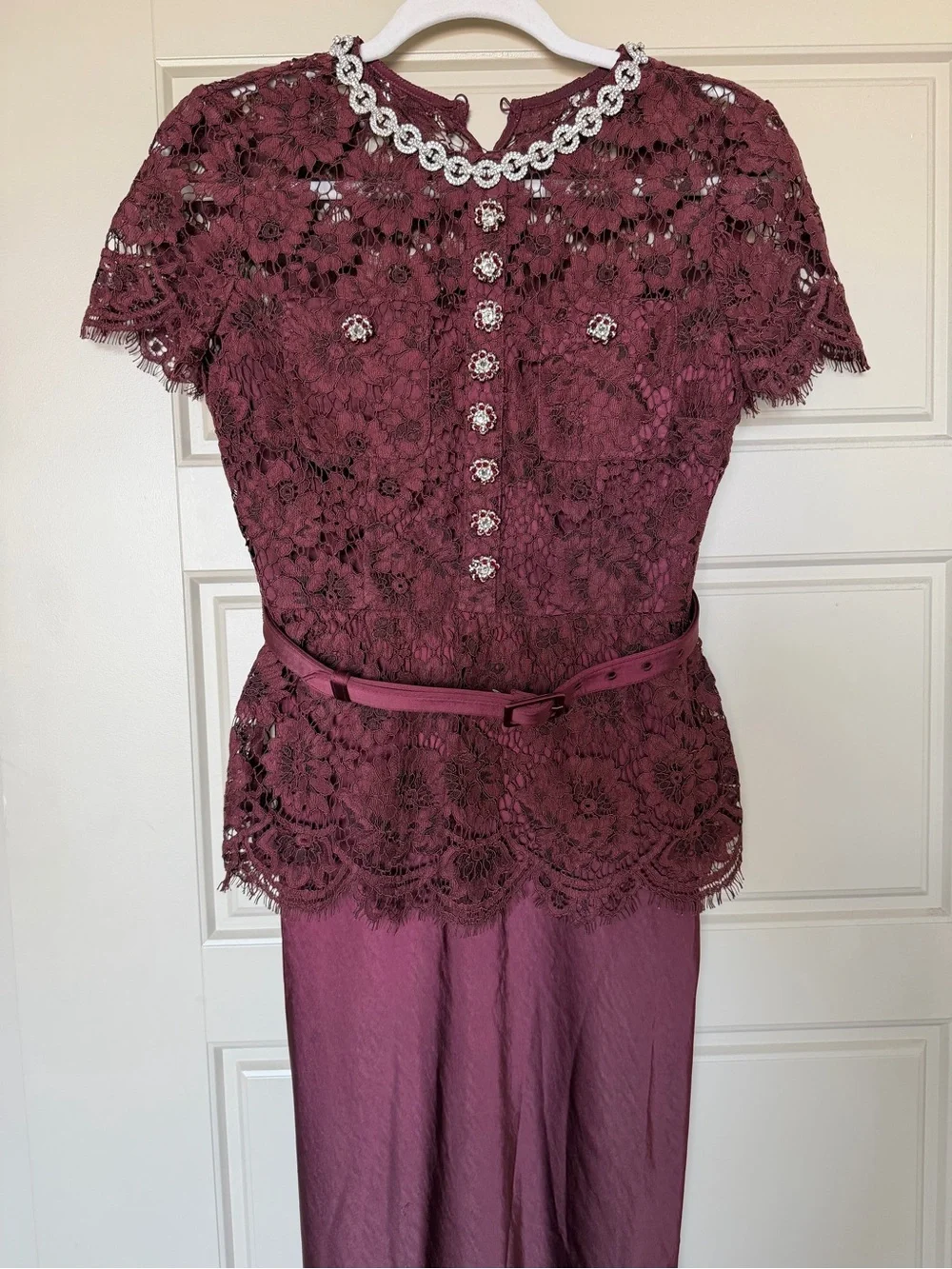 SELF PORTRAIT BELTED LACE AND SATIN MAXI DRESS